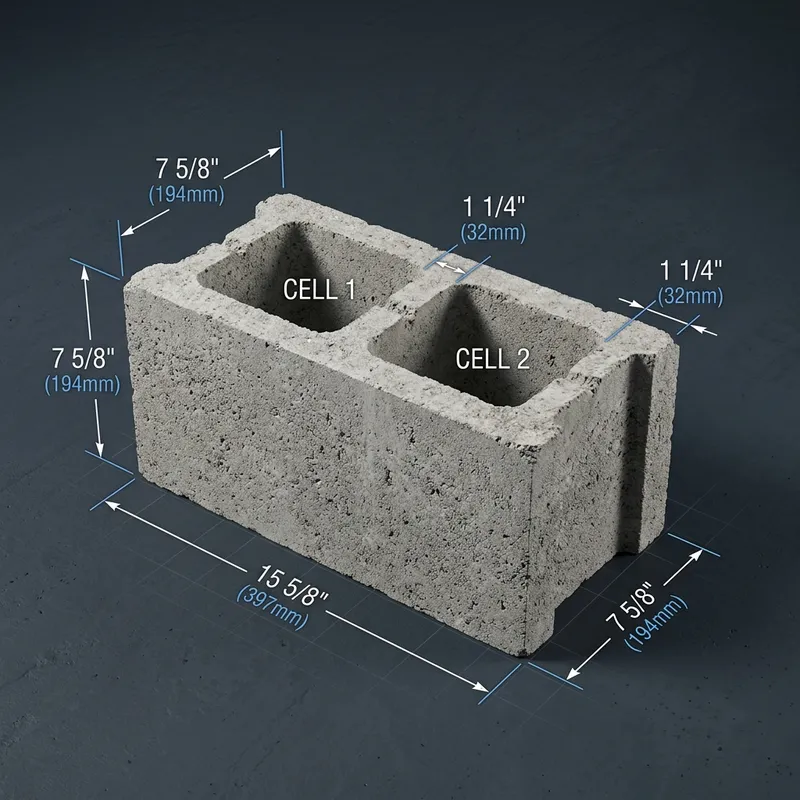 Technical 3D diagram of standard 8x8x16 CMU cinder block dimensions, width, height, and mortar joints