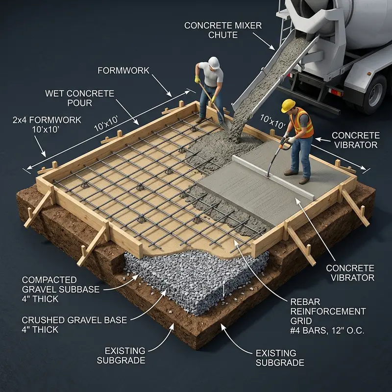 Technical 3D illustration of a 10x10 concrete patio slab pour with rebar grid and gravel subbase