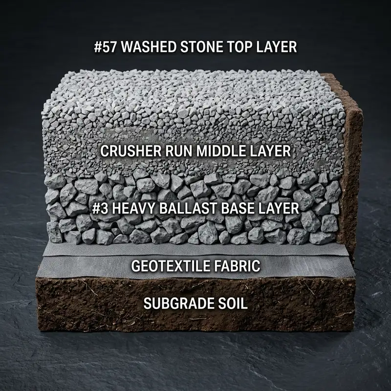 Cross-section diagram of a 3-layer gravel driveway showing geotextile fabric, crusher run base, and #57 washed stone