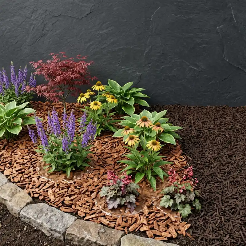 Application of 2 cu ft cedar wood mulch and rubber mulch around garden flower beds showing proper depth