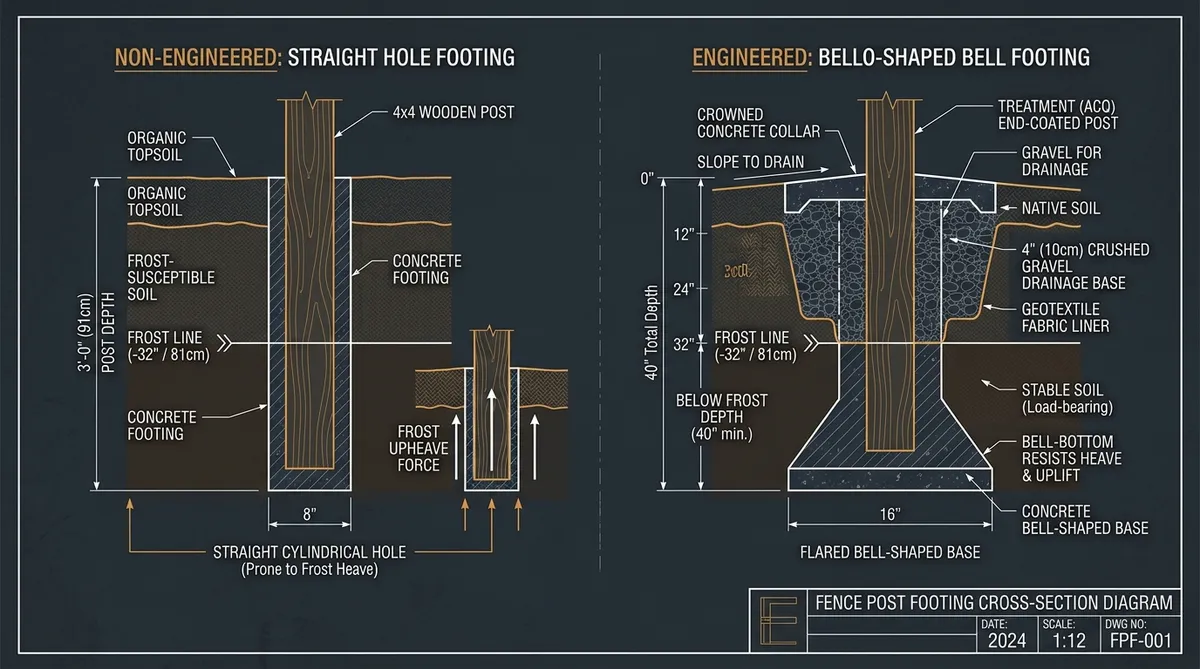 Architectural cross-section diagram comparing a straight cylindrical post hole to an engineered flared bell-bottom footing with gravel drainage