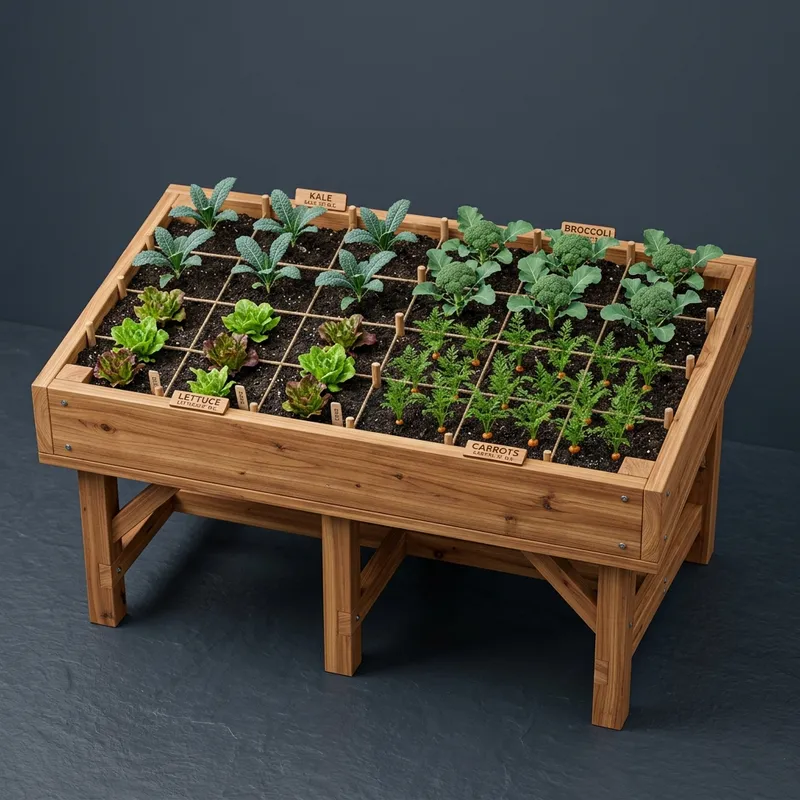 Raised garden bed square foot plant spacing grid for fall vegetables including broccoli, kale, and lettuce