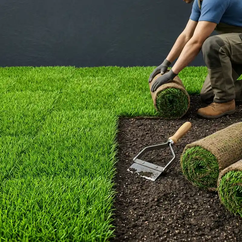 Fresh green turf sod rolls being laid over topsoil base for lawn installation