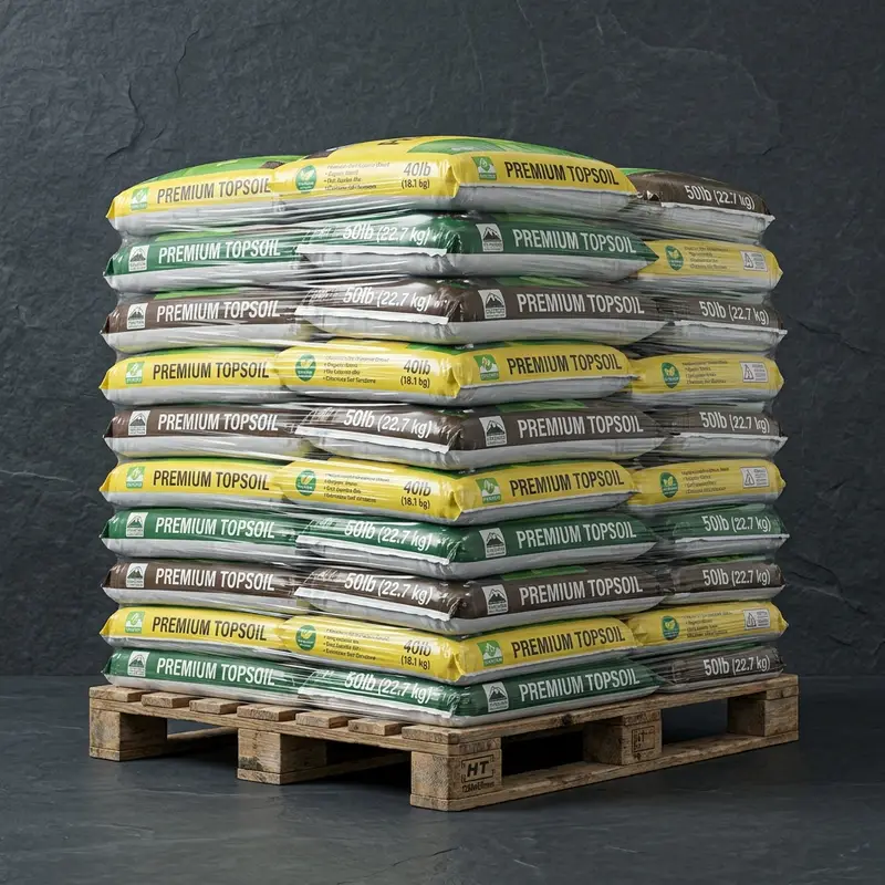 Pallet of 40lb and 50lb bags of topsoil stored for cubic yard volume calculation