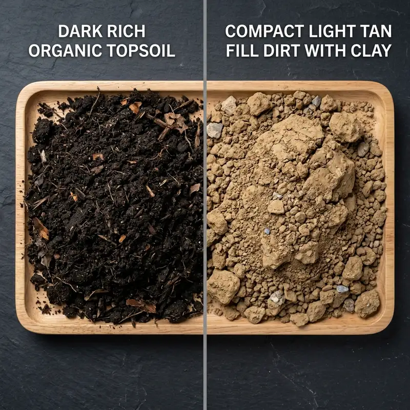 Visual side-by-side comparison of dark rich organic topsoil vs compact clay fill dirt subsoil